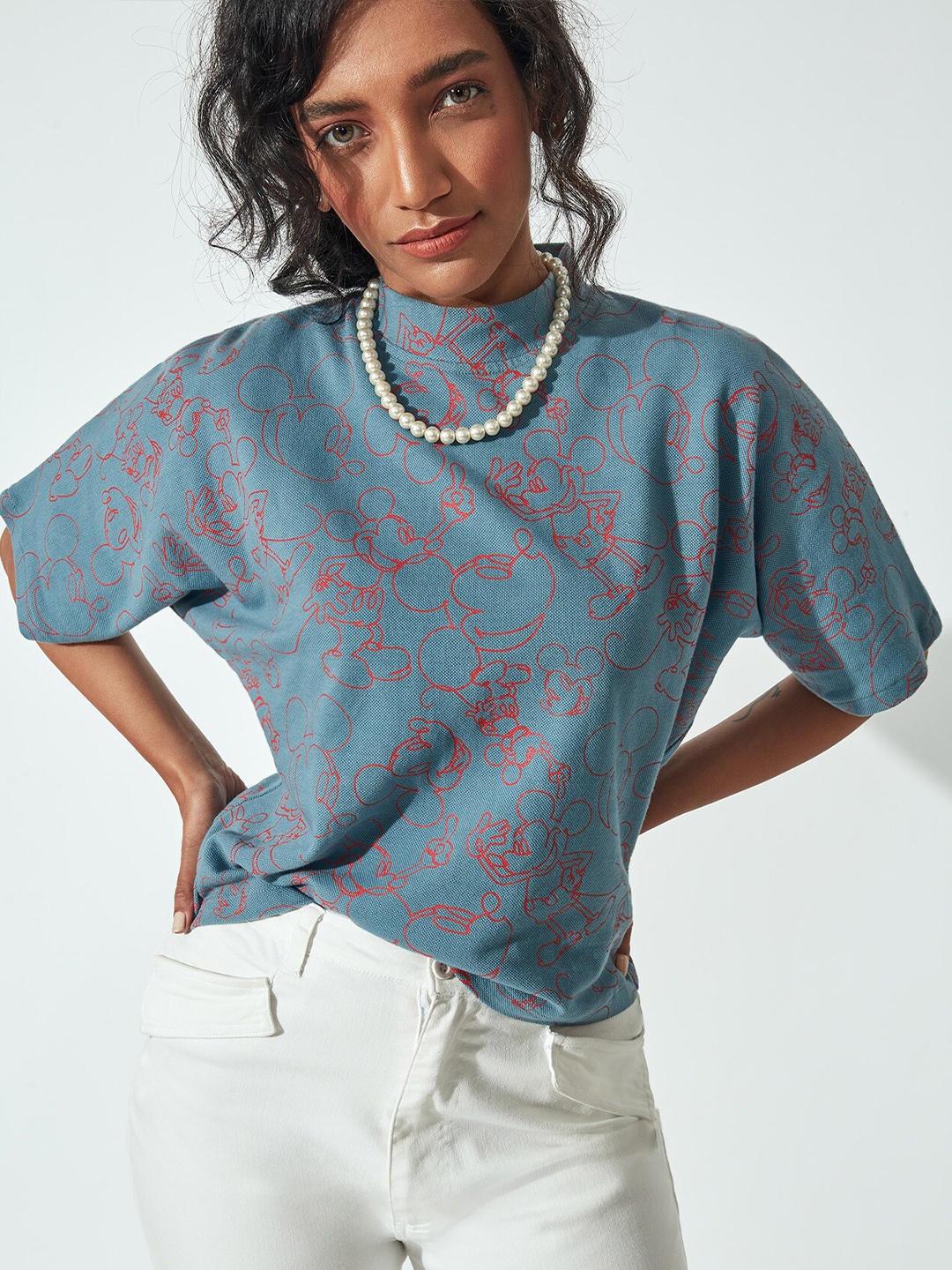 

The Label Life Women Blue Mickey Print Extended Sleeves Pure Cotton Top