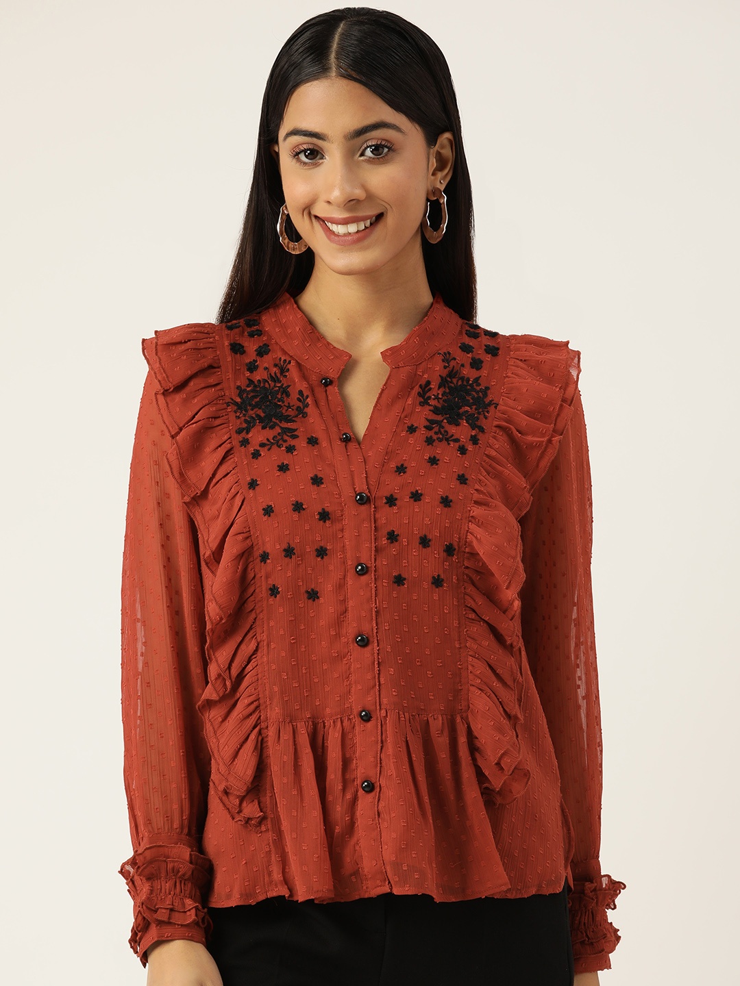 

Antheaa Woman Embroidered Chiffon Top, Rust