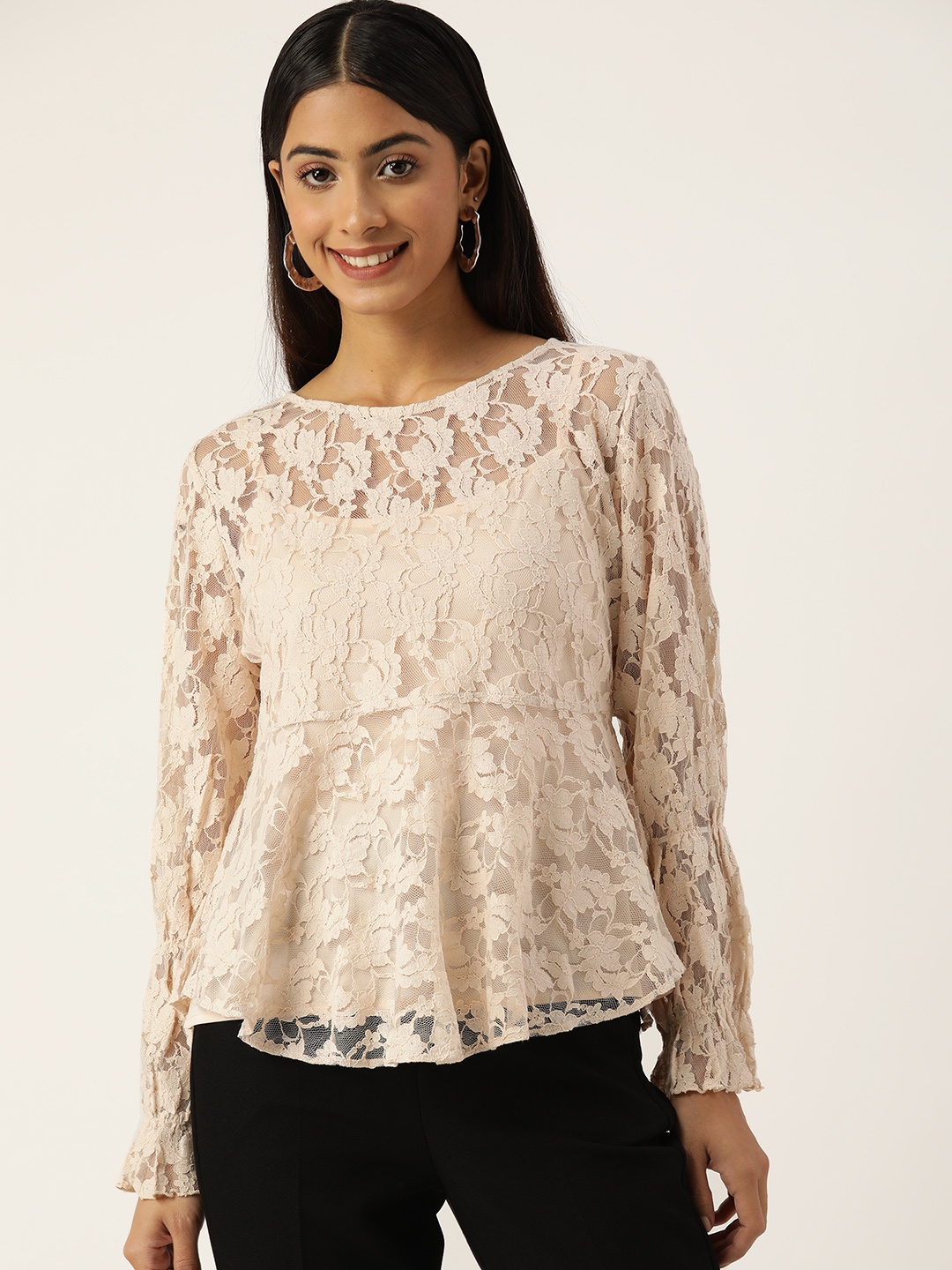

Antheaa Woman Floral Laced Peplum Top, Peach