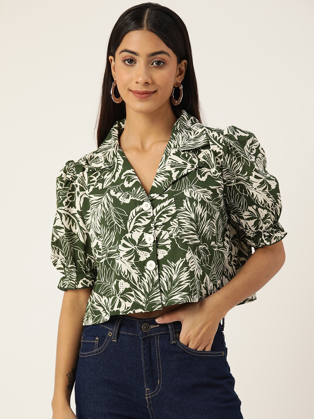 

Antheaa Women Floral Lapel Copper Crop Shirt, Green
