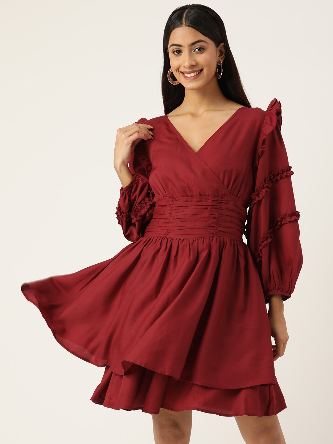 

Antheaa Woman Ruched Layered Dress, Maroon