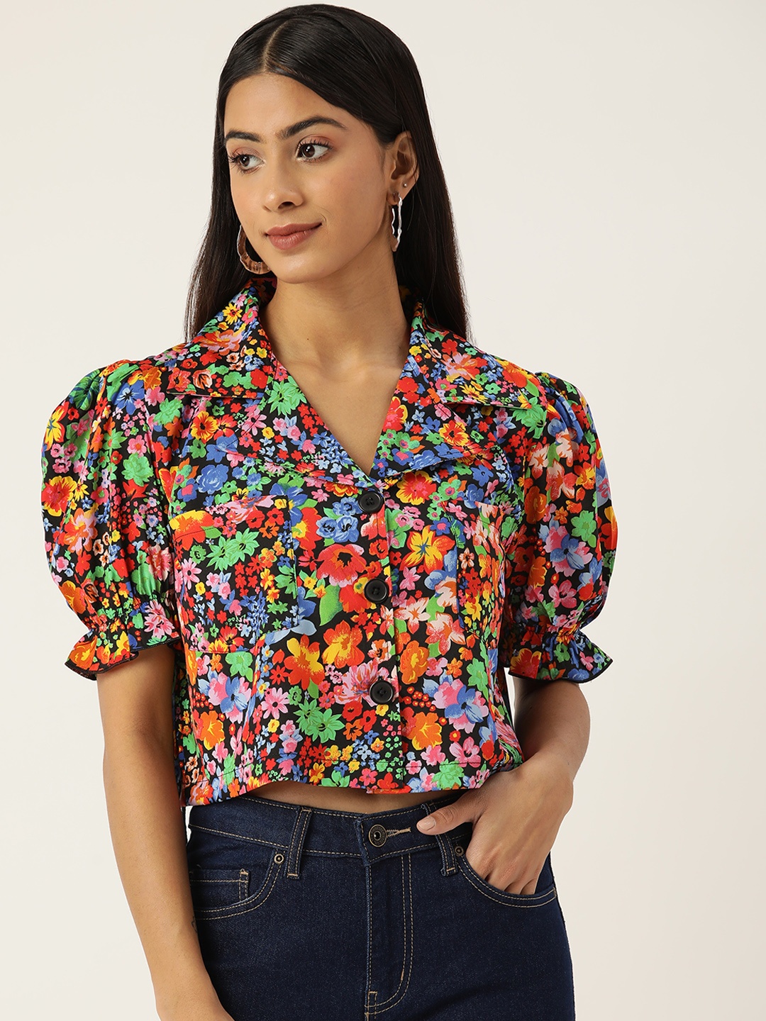 

Antheaa Women Comfort Boxy Floral Printed Crop Shirt, Black
