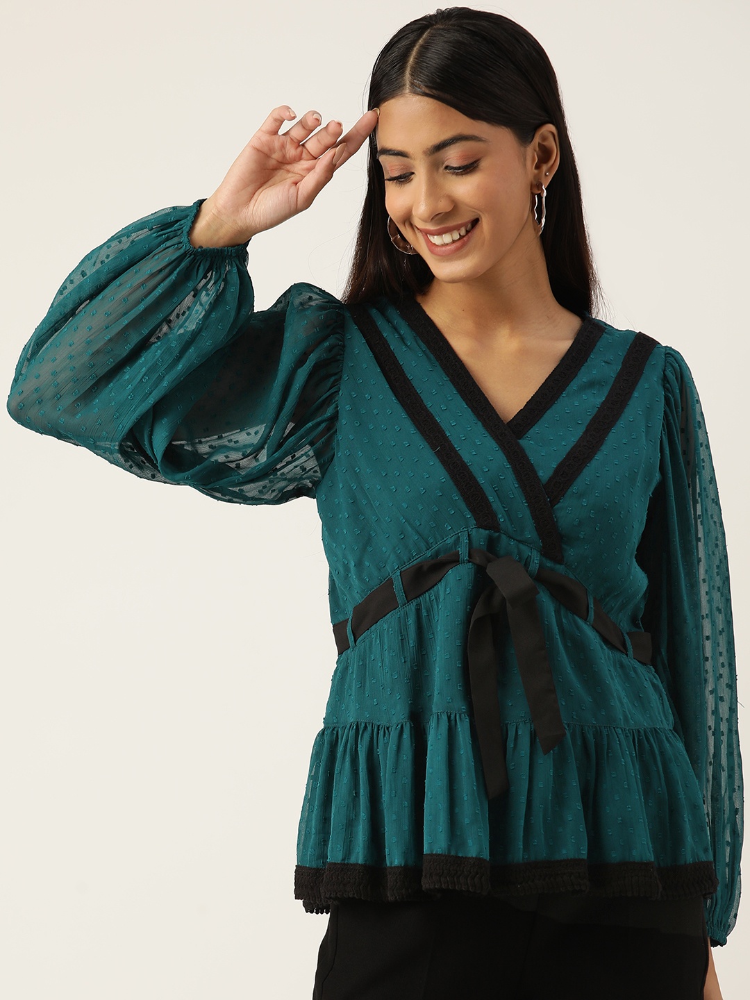 

Antheaa Woman V- Neck Laced Party Top, Teal