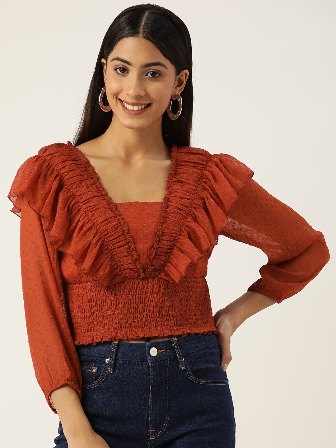 

Antheaa Woman Frilled Crop Top, Rust