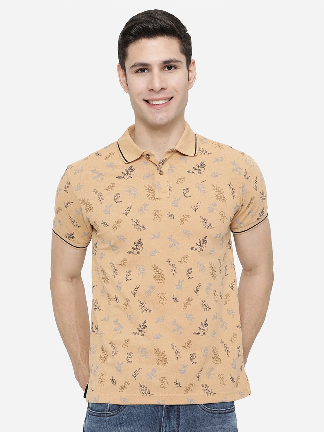 

Greenfibre Men Yellow Floral Printed Polo Collar Slim Fit Cotton T-shirt