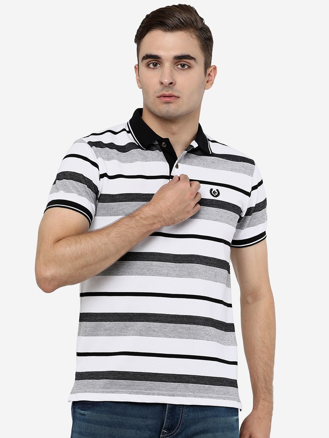 

Greenfibre Men White & Black Striped Polo Collar Cotton Slim Fit T-shirt