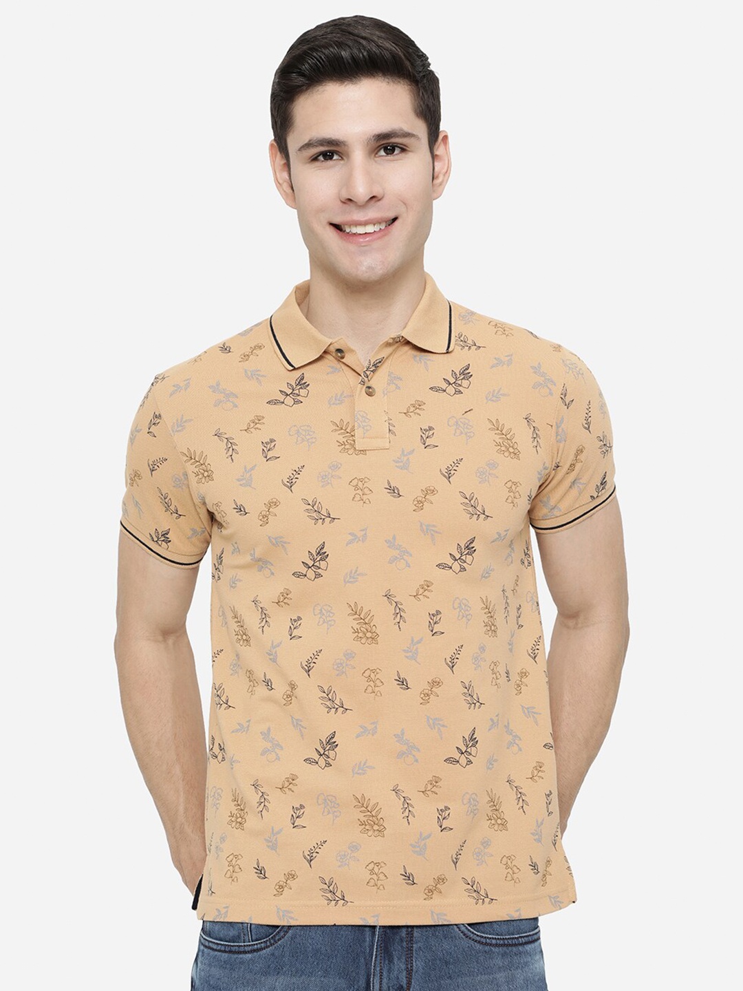 

Greenfibre Men Yellow Floral Printed Polo Collar Slim Fit T-shirt