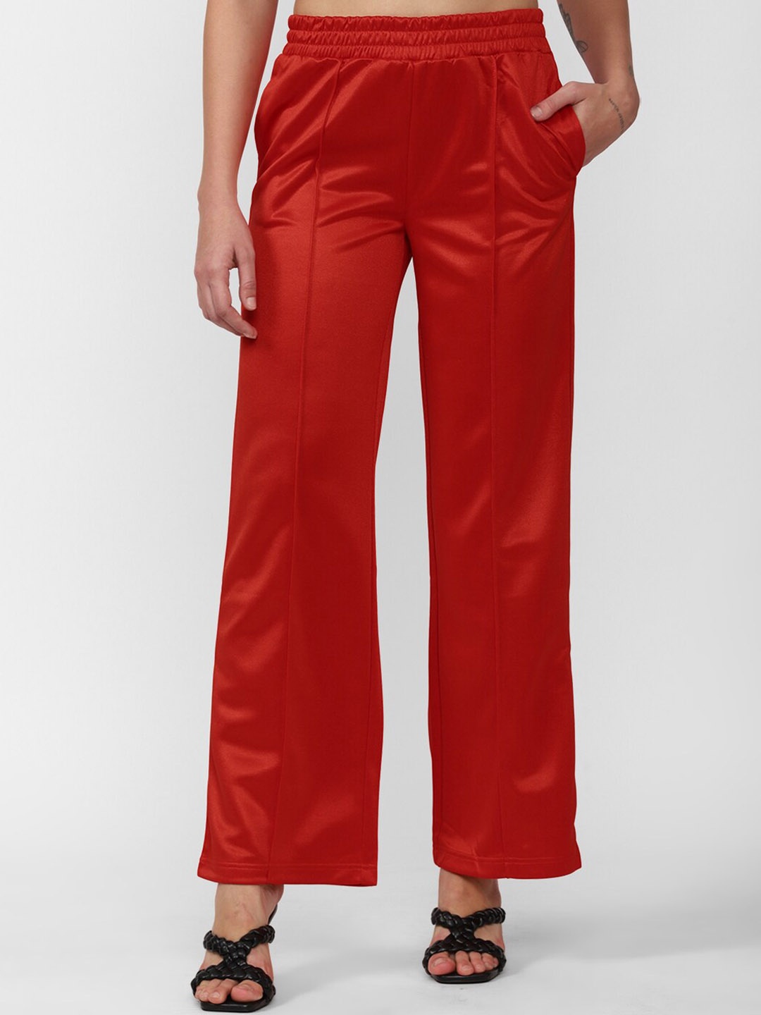 

FOREVER 21 Women Red Solid Mid-Rise Parallel Trousers