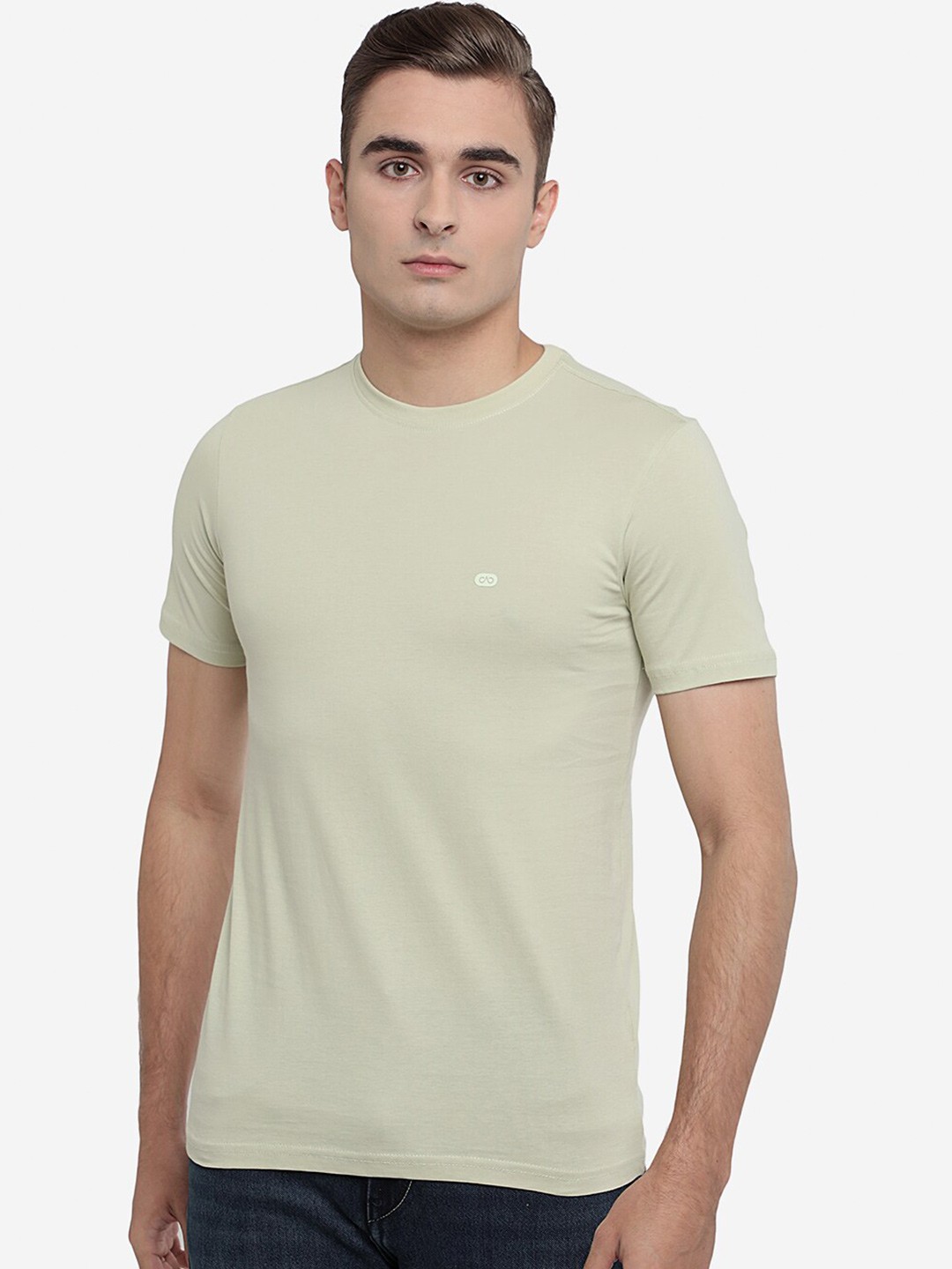 

JADE BLUE Men Beige Slim Fit Solid Cotton T-shirt