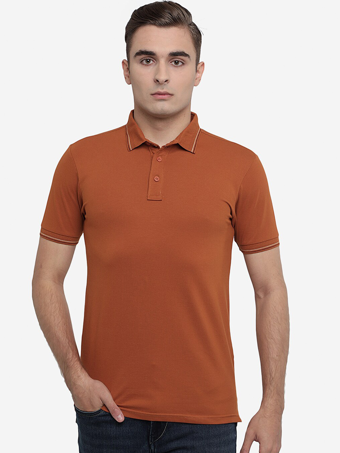 

JADE BLUE Men Brown Polo Collar Slim Fit Cotton T-shirt
