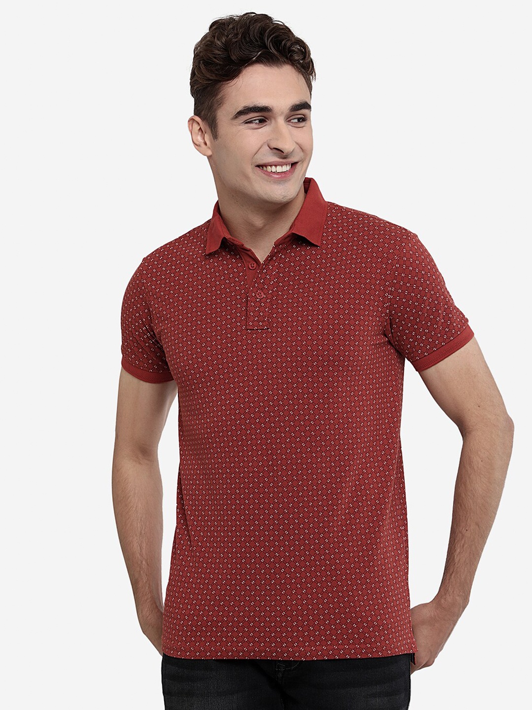 

JADE BLUE Printed Polo Collar Slim Fit Cotton T-shirt, Red