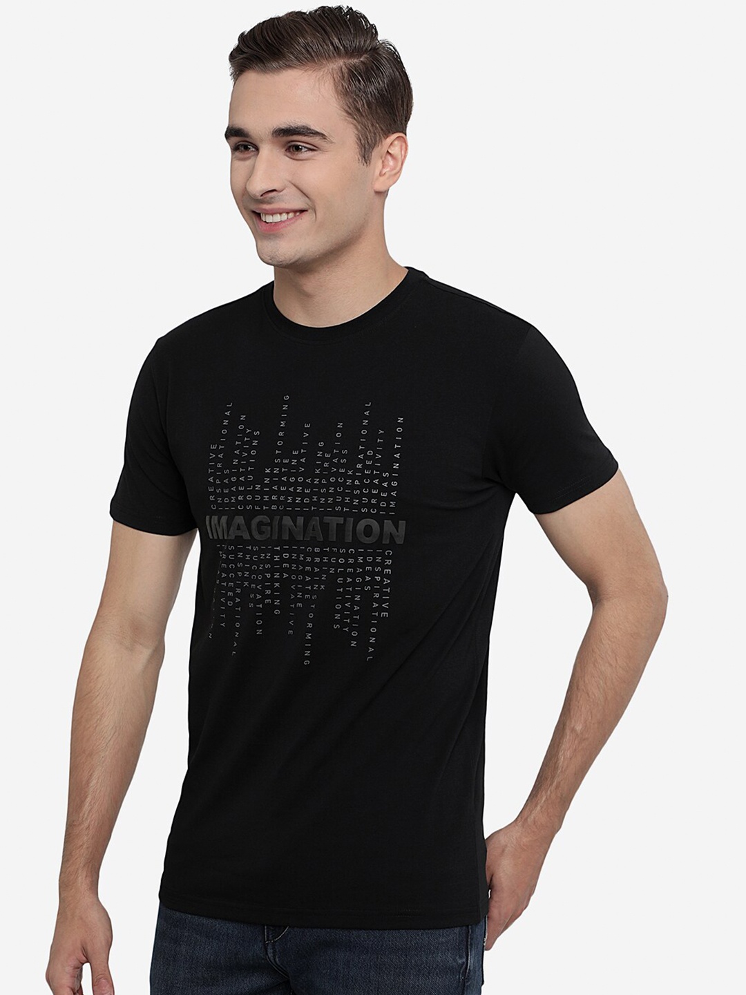

JADE BLUE Men Black Typography Printed Cotton Slim Fit T-shirt
