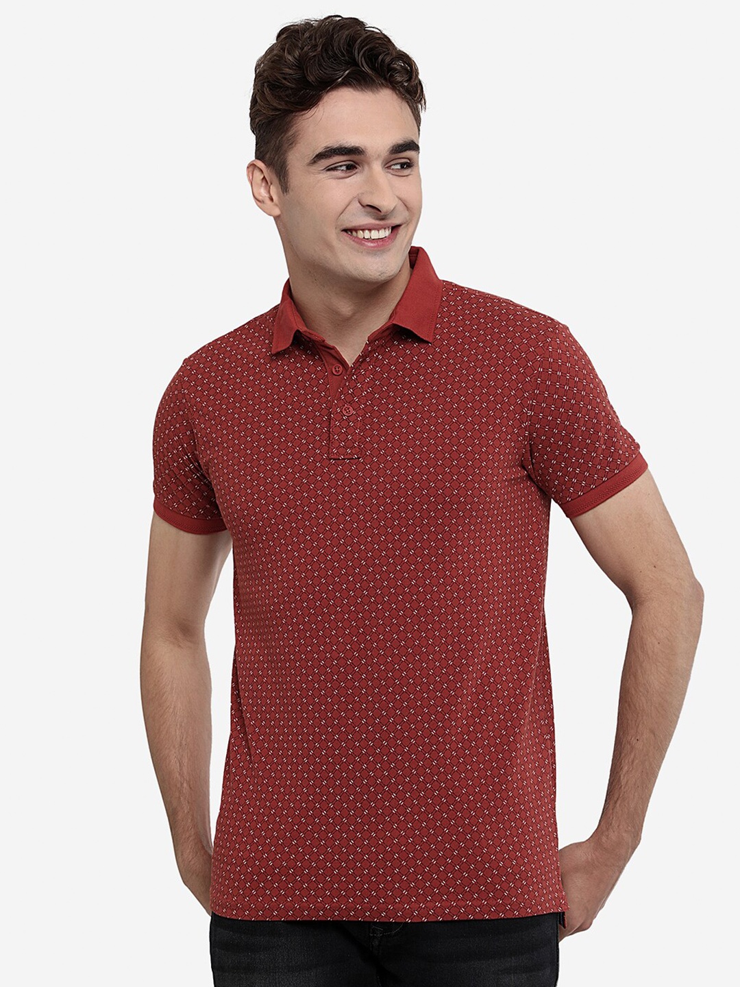 

JADE BLUE Men Red & White Printed Polo Collar Cotton Slim Fit T-shirt