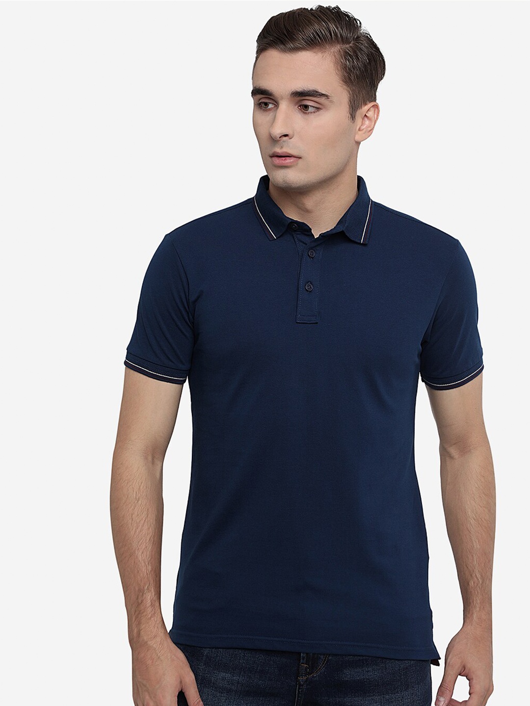 

JADE BLUE Men Navy Blue Polo Collar Slim Fit Cotton T-shirt