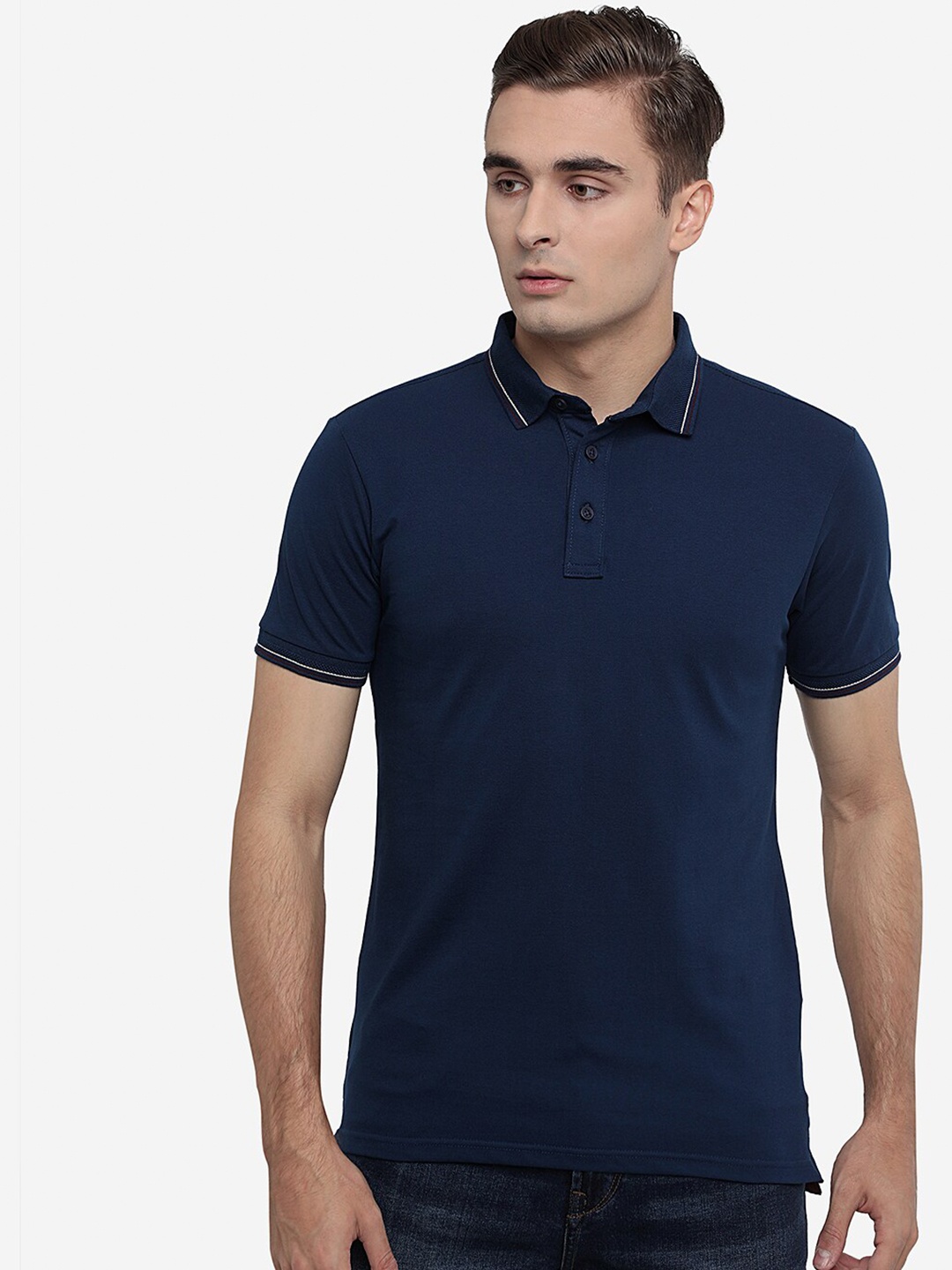 

JADE BLUE Men Navy Blue Polo Collar Indigo Slim Fit Cotton T-shirt