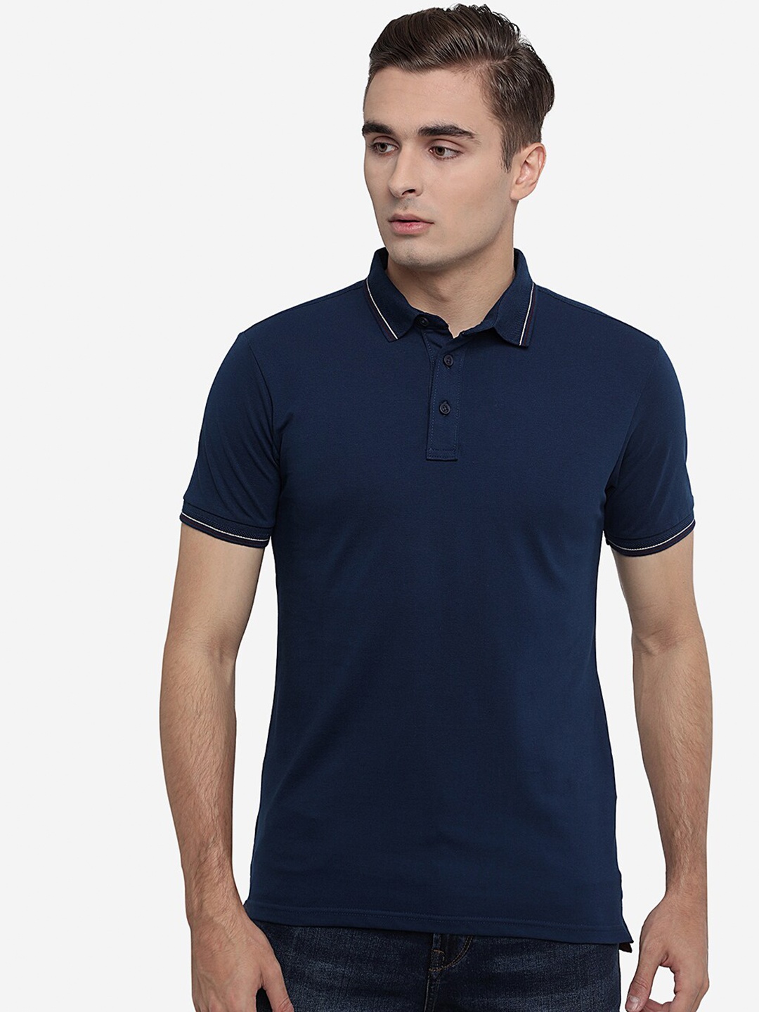 

JADE BLUE Men Blue Polo Collar Cotton Slim Fit T-shirt