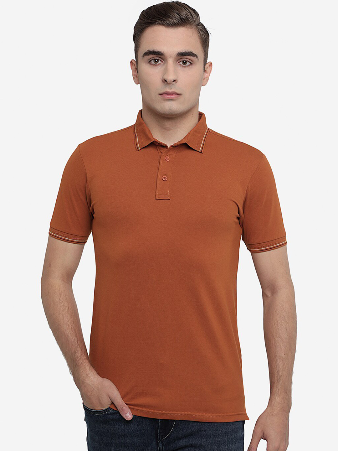 

JADE BLUE Men Brown Polo Collar Cotton Slim Fit T-shirt