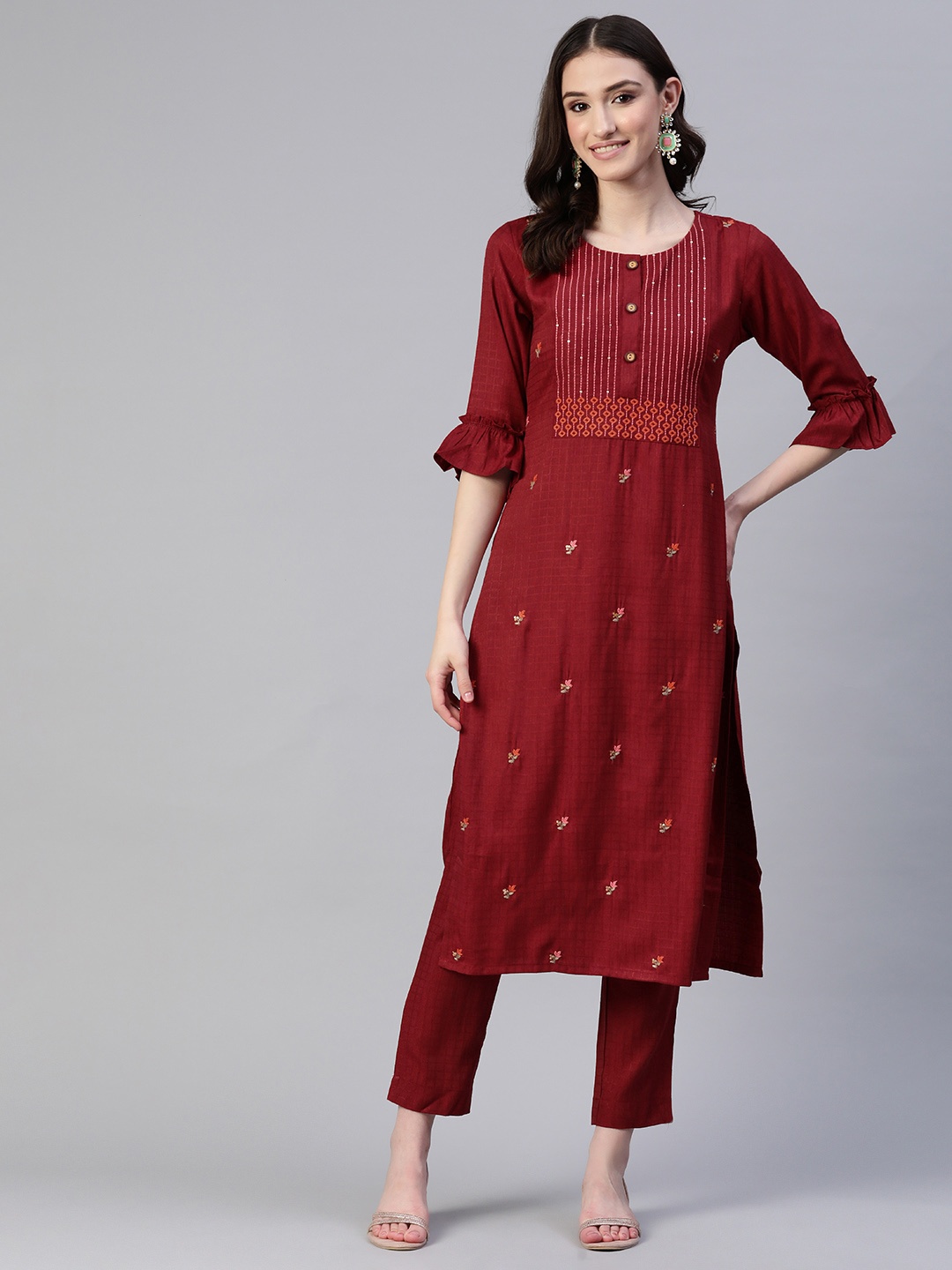 

LAAKHI Women Floral Embroidered Regular Sequinned Pure Cotton Kurta with Trousers, Red