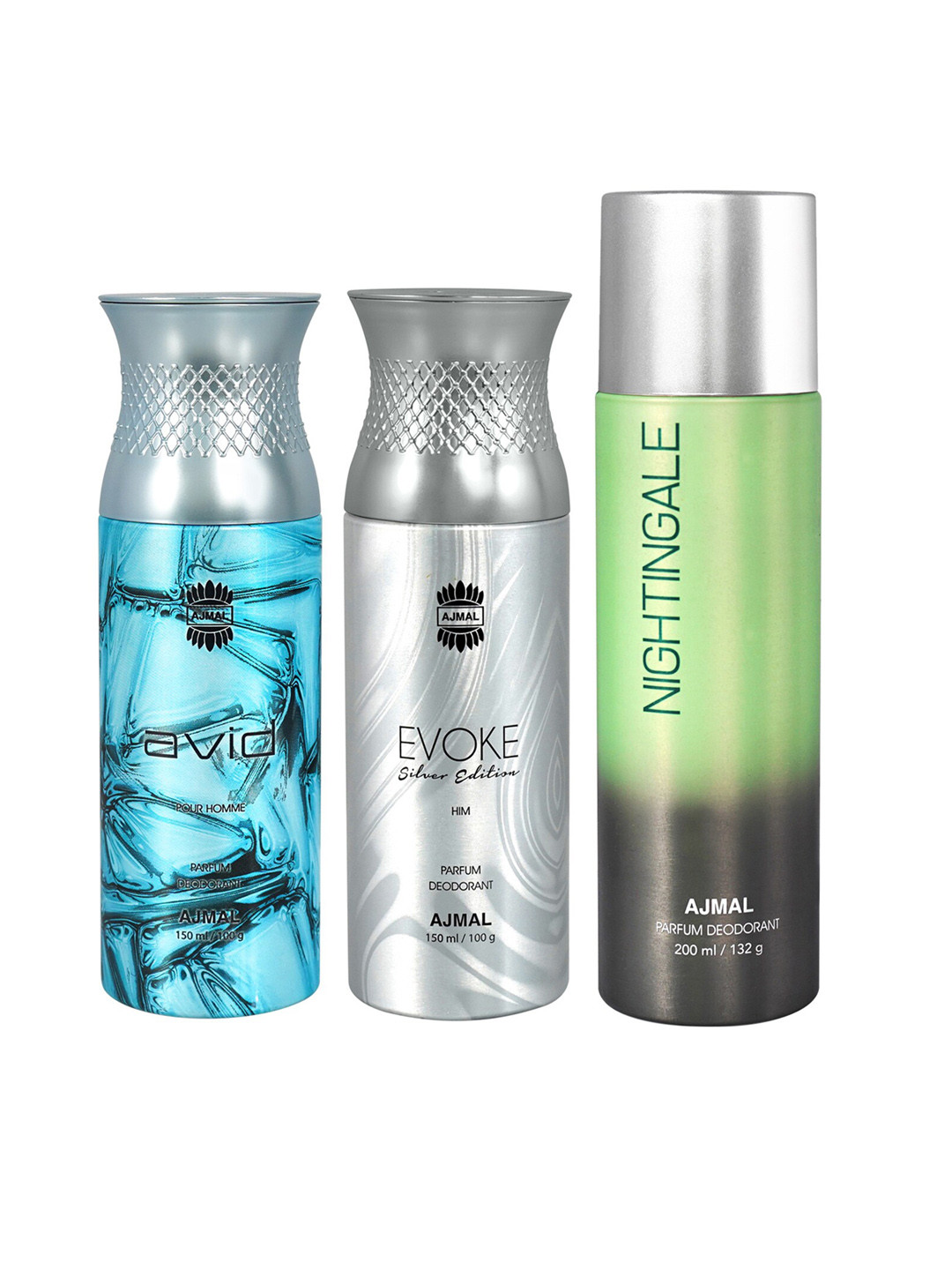 

Ajmal Set of Nightingale 200 ml + Avid 150 ml + Evoke Silver Edition 150 ml Deodorants, Blue