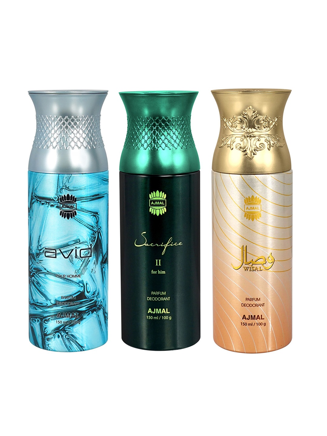 

Ajmal Set of Avid + Sacrifice II + Wisal Deodorant Spray - 150 ml each, Green
