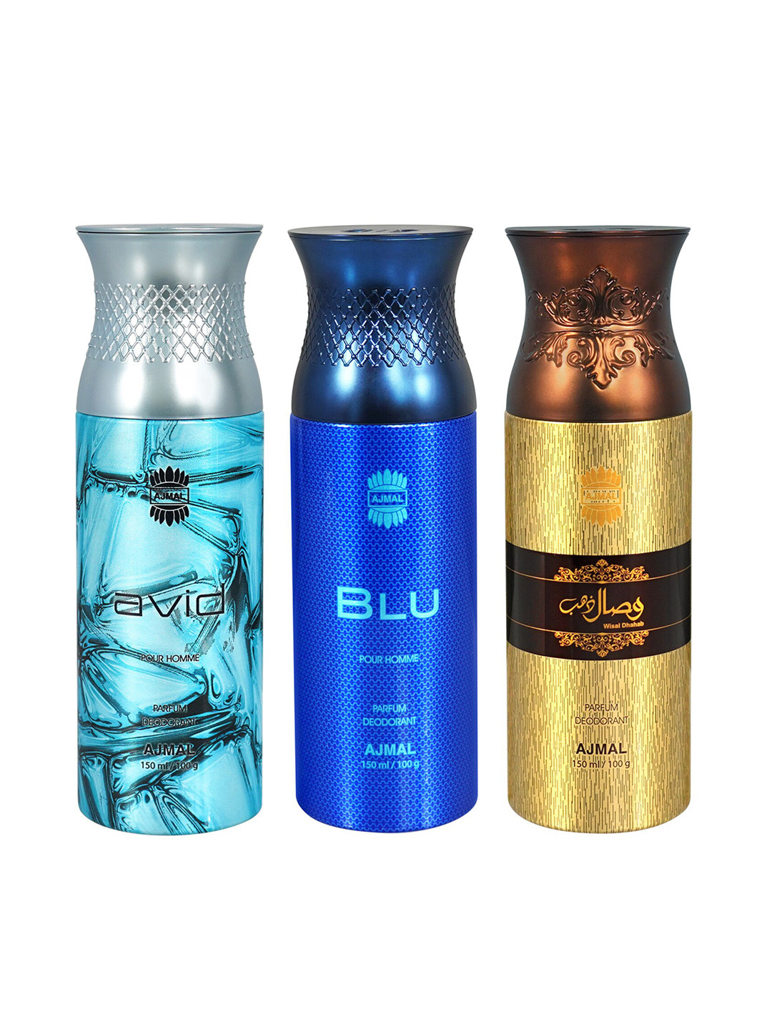 

Ajmal Men Set of Avid + Blu + Wisal Dahab Long Lasting Deodorant Spray - 150 ml each, Blue