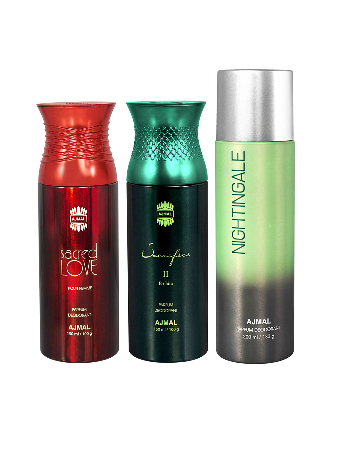 

Ajmal Set of Nightingale 200 ml + Sacred Love 150 ml + Sacrifice II 150 ml Deodorants, Red