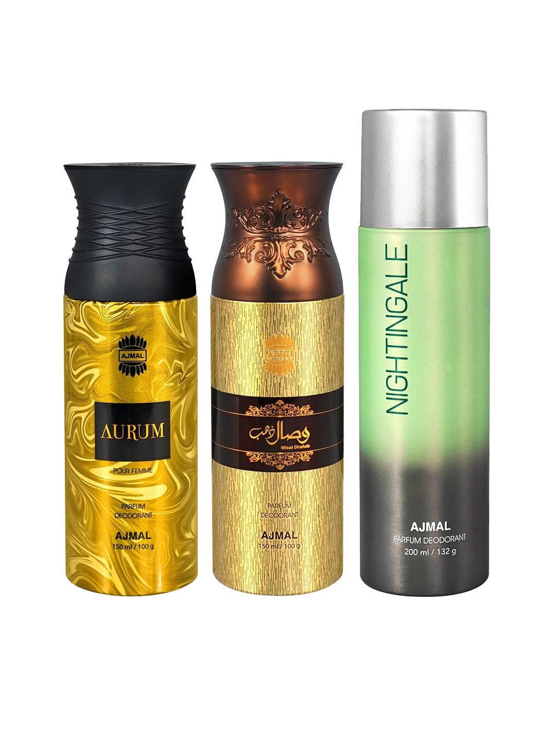 

Ajmal Set of Nightingale 200 ml + Aurum 150 ml + Wisal Dhahab 150 ml Deodorant Spray, Green