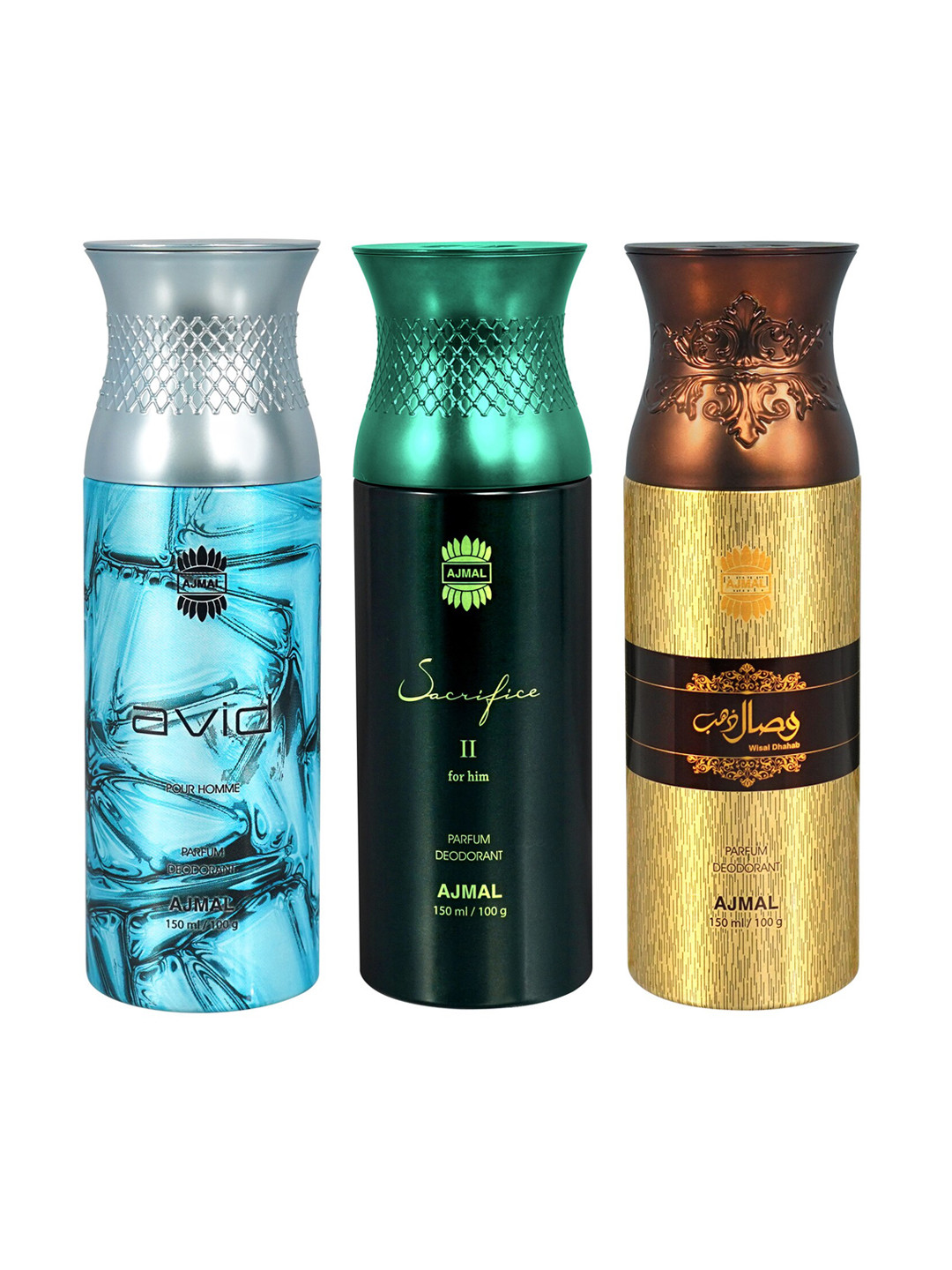 

Ajmal Set of Avid + Sacrifice II + Wisal Dhahab Deodorant Spray - 150 ml each, Black