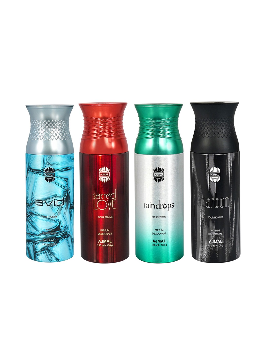 

Ajmal Set of Sacred Love + Raindrops + Avid + Carbon Deodorant Spray - 150 ml each, Multi