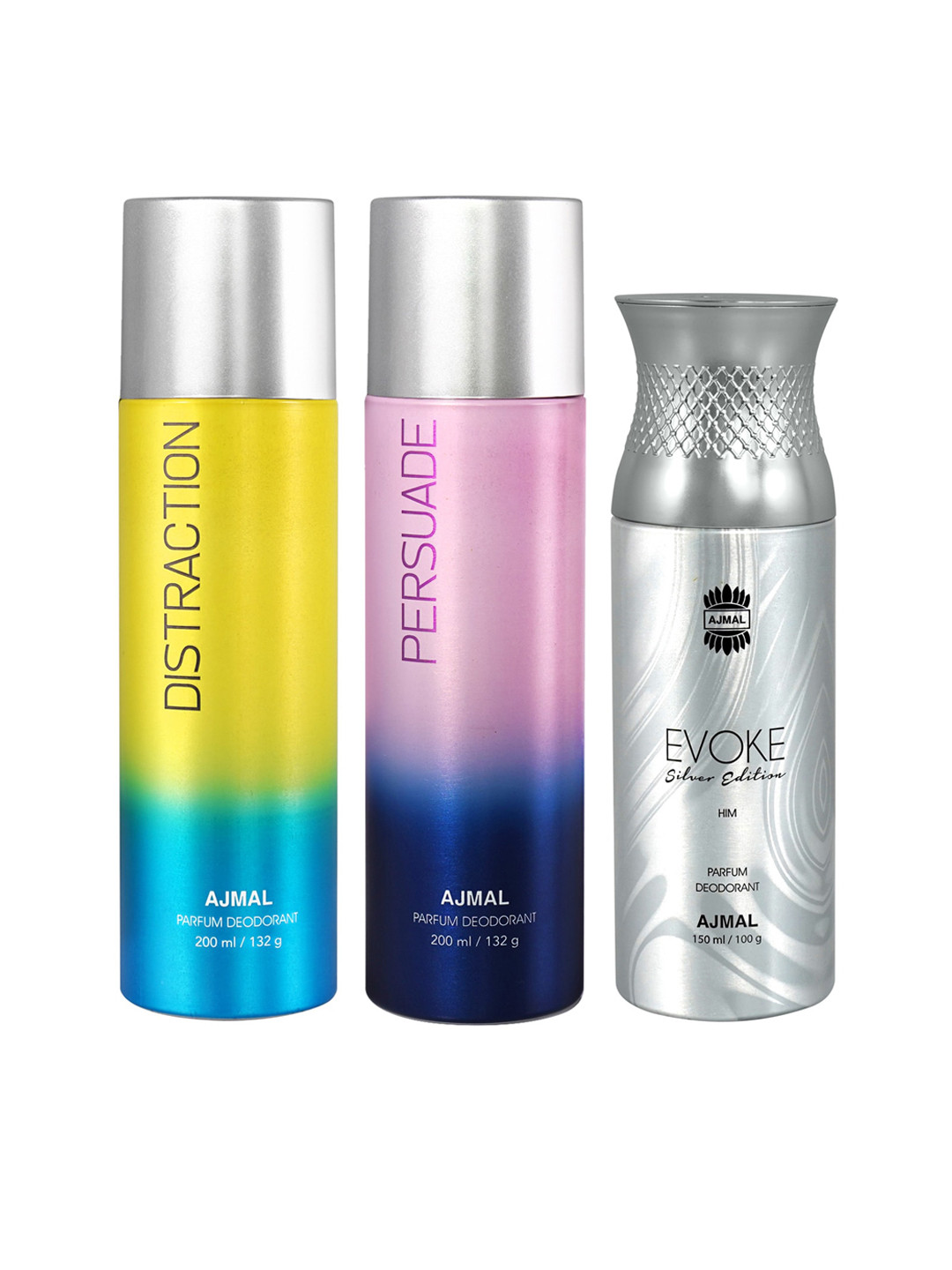 

Ajmal Set of Distraction 200 ml + Persuade 200 ml + Evoke Silver Edition 150 ml Deodorants, Yellow