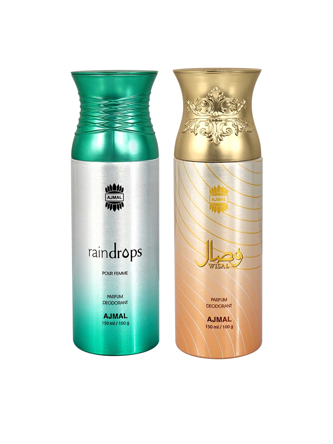 

Ajmal Set of Women Raindrops & Men Wisal Deodorant Spray - 150 ml Each, Green