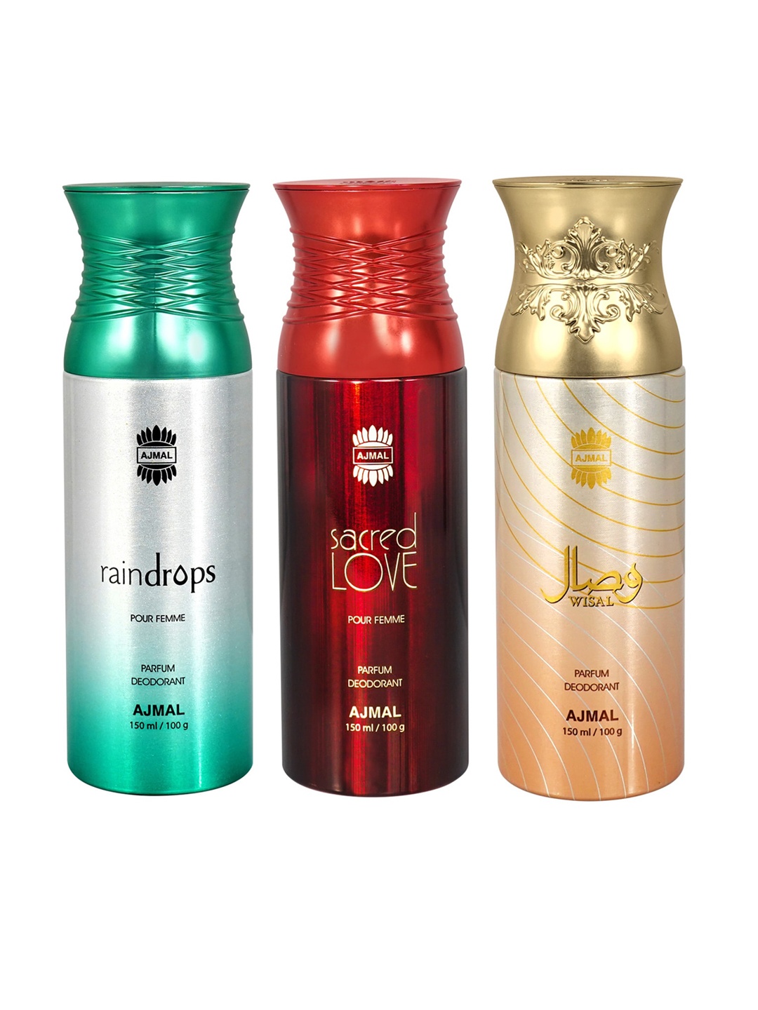 

Ajmal Set of Sacred Love + Raindrops + Wisal Deodorant Spray - 150 ml each, Green