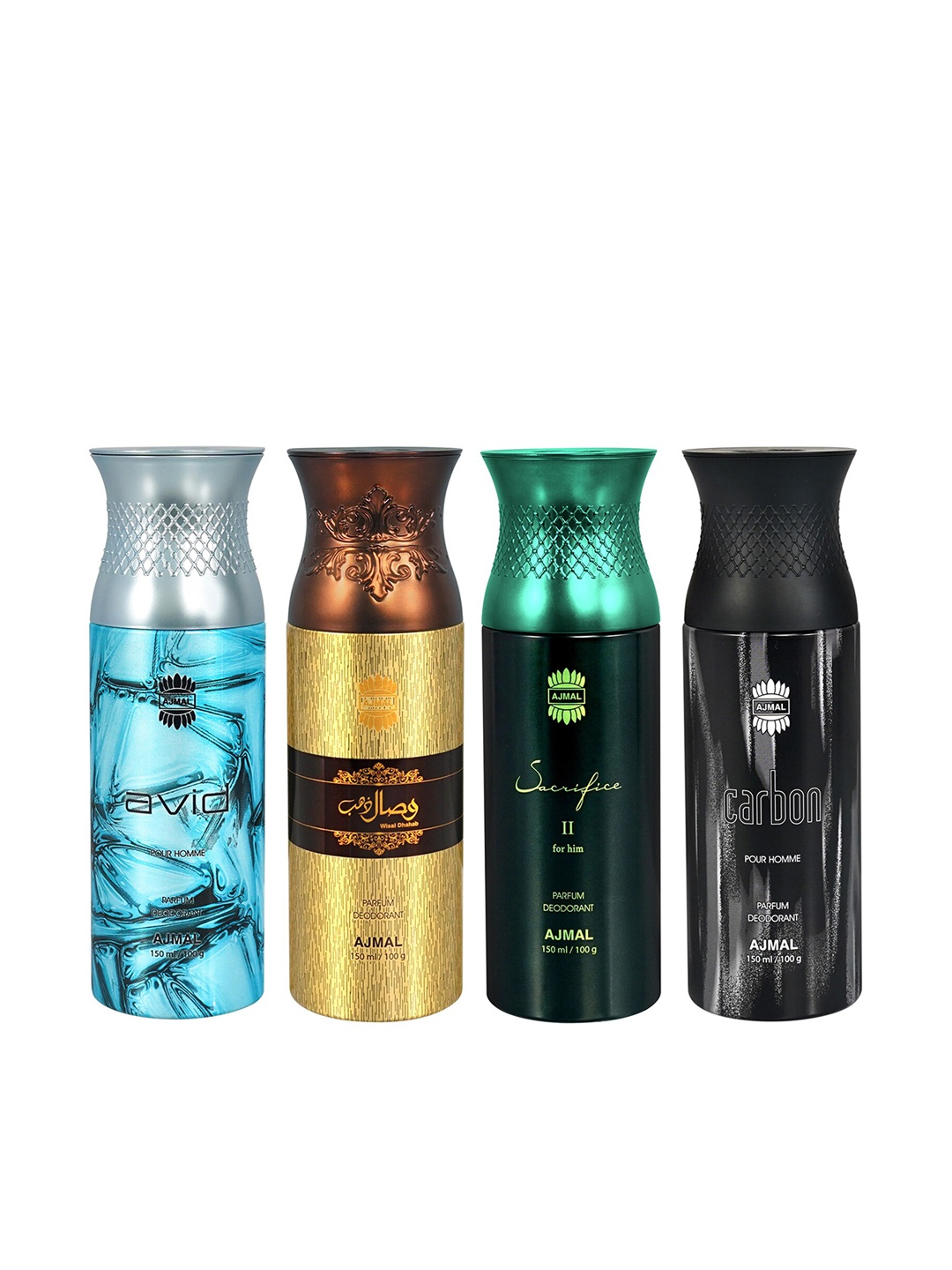 

Ajmal Men Set of Avid + Wisal Dhahab + Sacrifice II + Carbon Deodorant Spray - 150 ml each, Multi