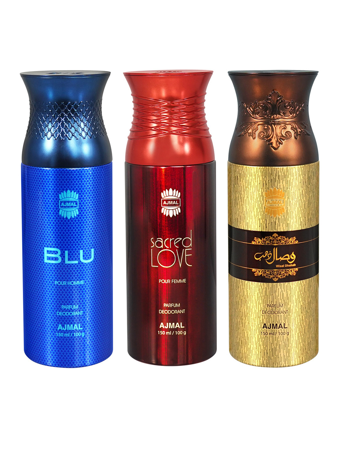 

Ajmal Set of Blu + Sacred Love + Wisal Dhahab Deodorant Spray - 150 ml each, Blue
