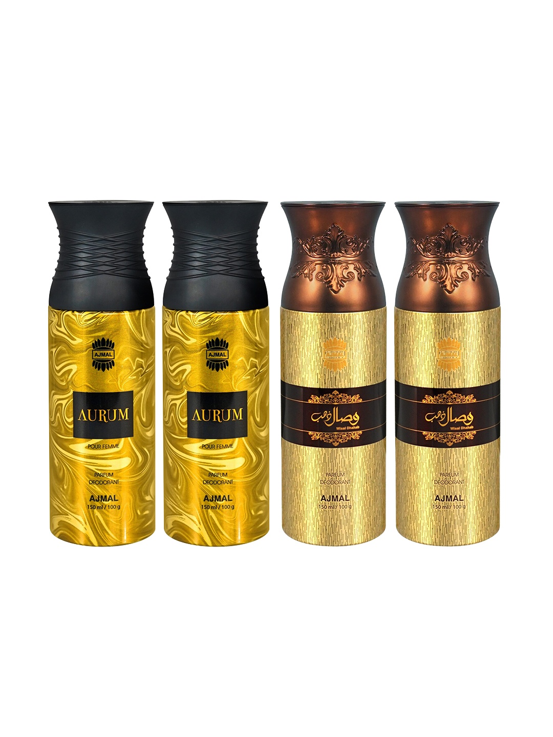 Ajmal Set of 2 Aurum & 2 Wisal Dhahab Deodorant Spray - 150 ml Each, Yellow