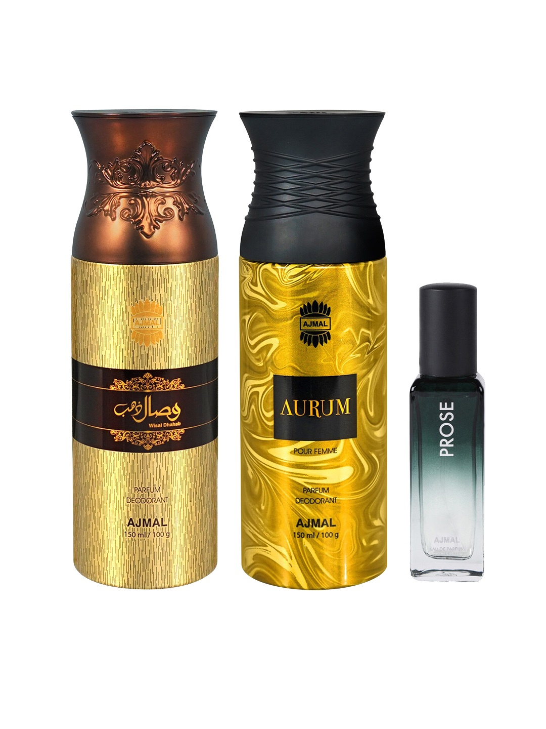 

Ajmal Set of Aurum 150 ml Deo + Wisal Dhahab 150 ml Deo + Prose 20 ml EDP, Green