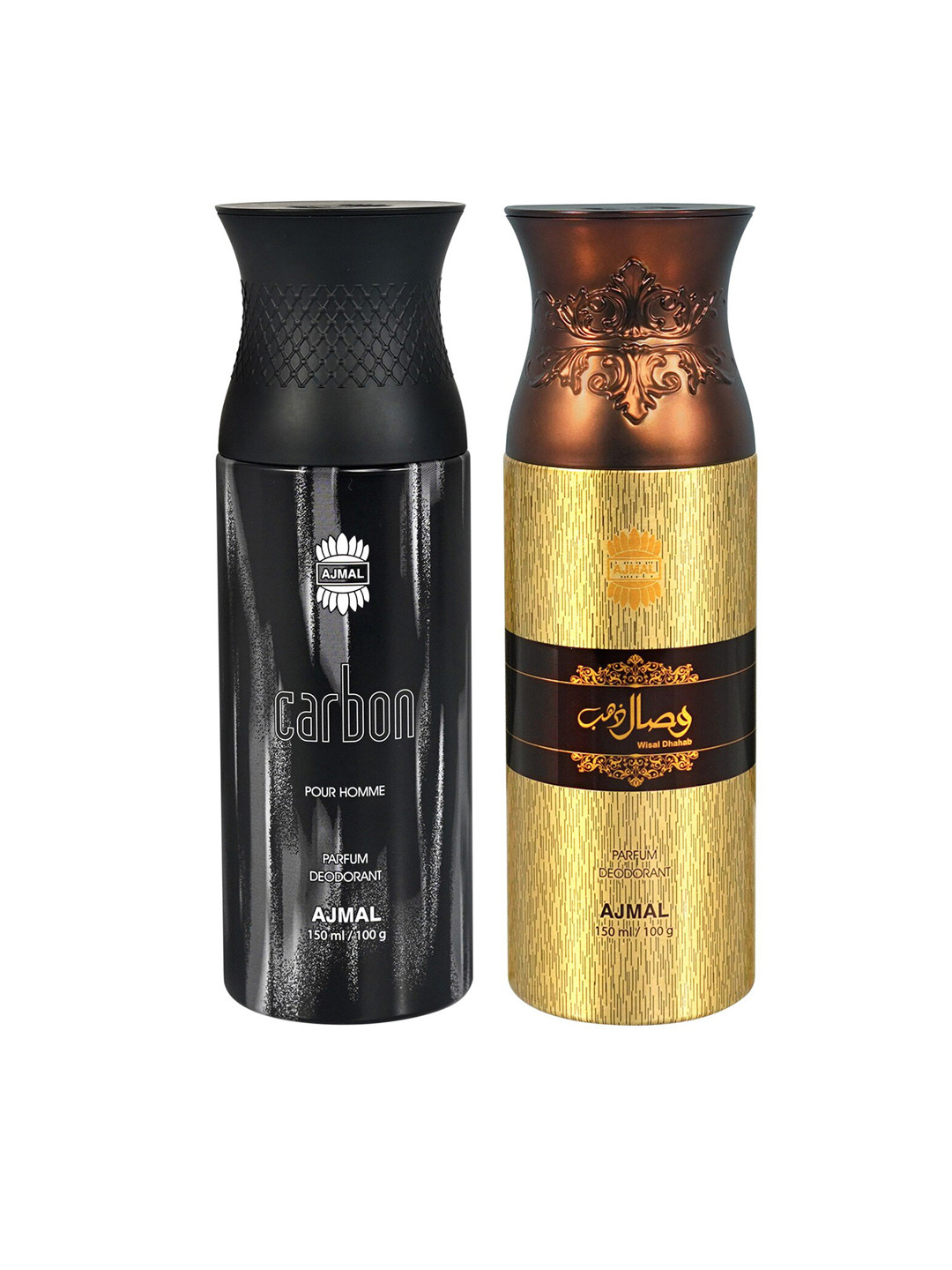 

Ajmal Men Set of Carbon Homme & Wisal Dhahab Long Lasting Deodorant Spray - 150 ml each, Black