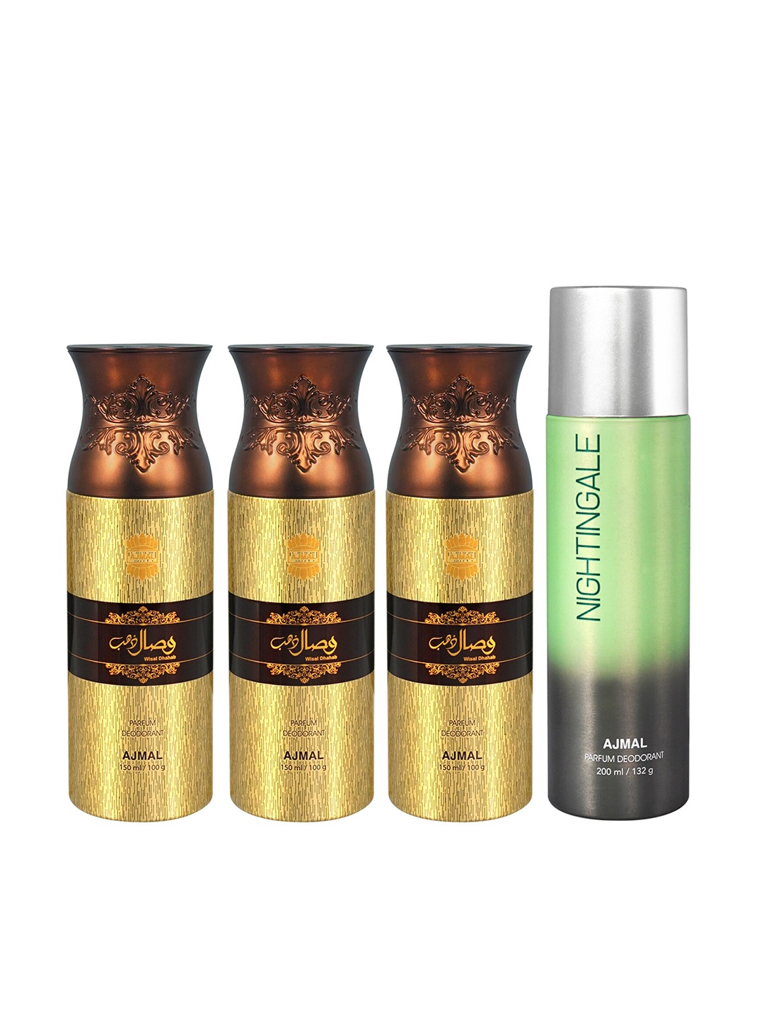 

Ajmal Set of Nightingale 200 ml + 3 Wisal Dhahab 150 ml Each Long Lasting Deodorant Spray, Green