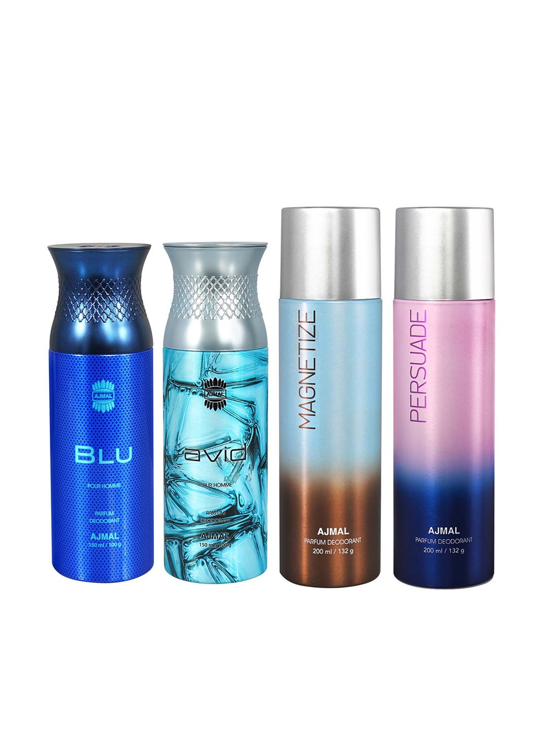 

Ajmal Set of Persuade 200 ml + Magnetize 200 ml + Blu 150 ml + Avid 150 ml Deodorant Spray, Blue