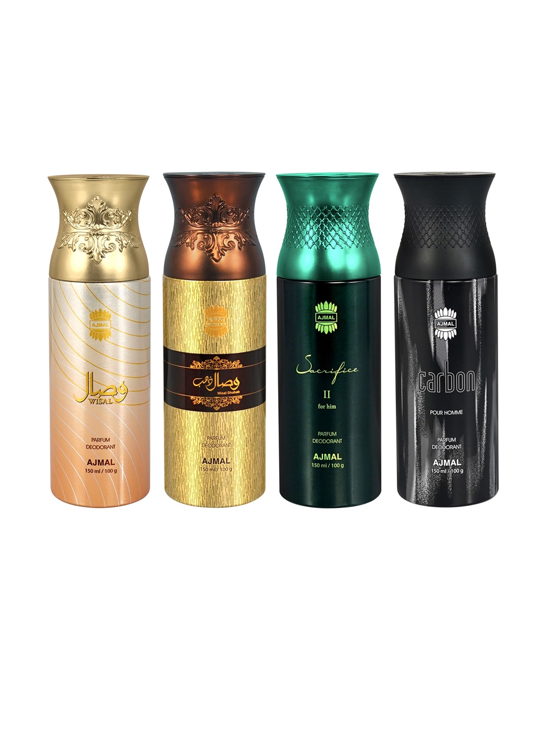 

Ajmal Set of Wisal Dhahab + Wisal + Sacrifice II + Carbon Deodorant Spray - 150 ml each, Multi