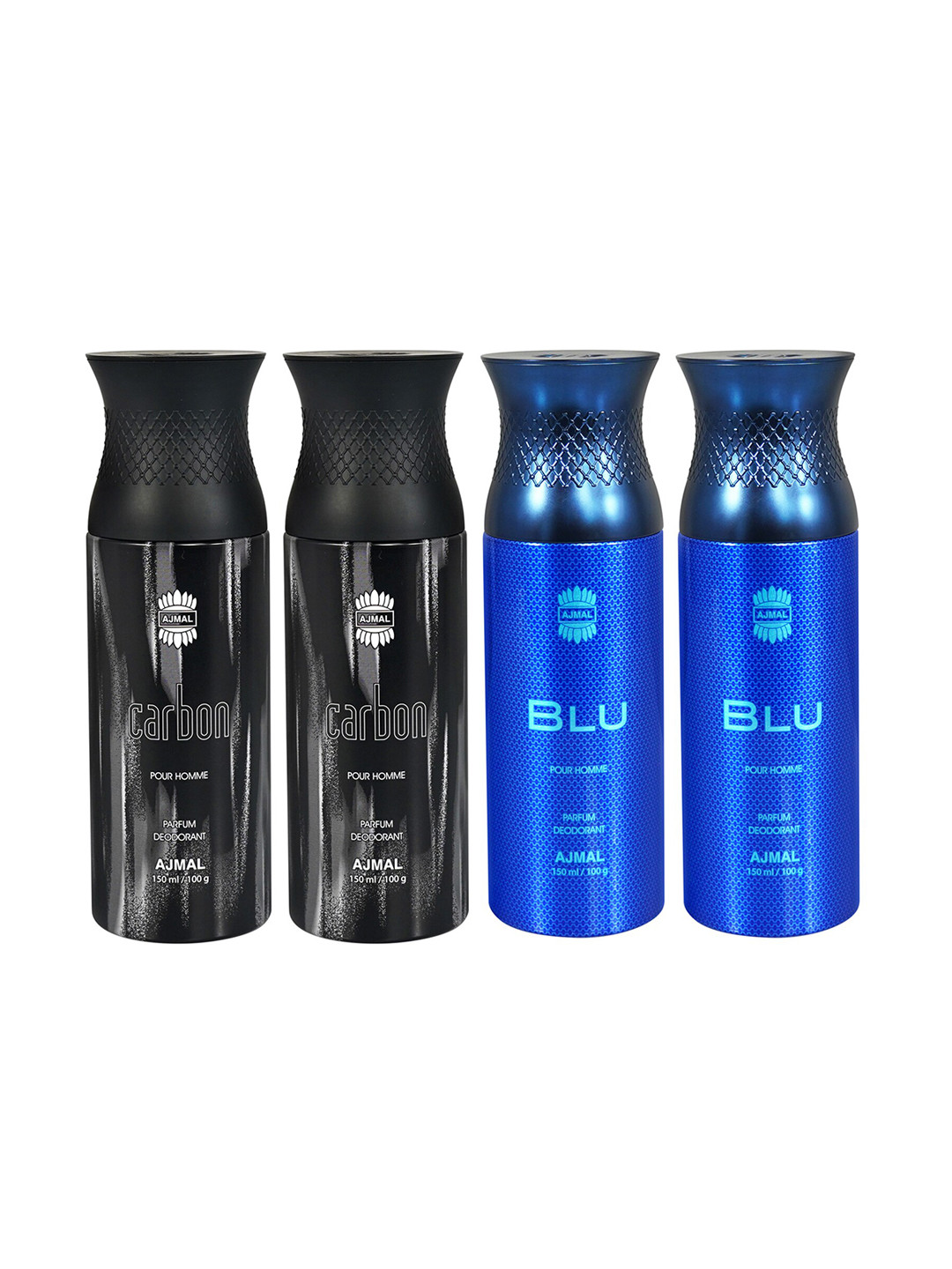 

Ajmal Men Set of 2 Blu Homme & 2 Carbon Homme Long Lasting Deodorant Spray - 150 ml each, Black