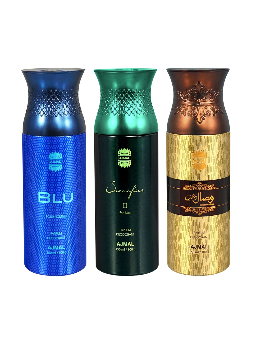 

Ajmal Set of Blu + Sacrifice II + Wisal Dhahab Long Lasting Deodorant Spray - 150 ml each, Blue
