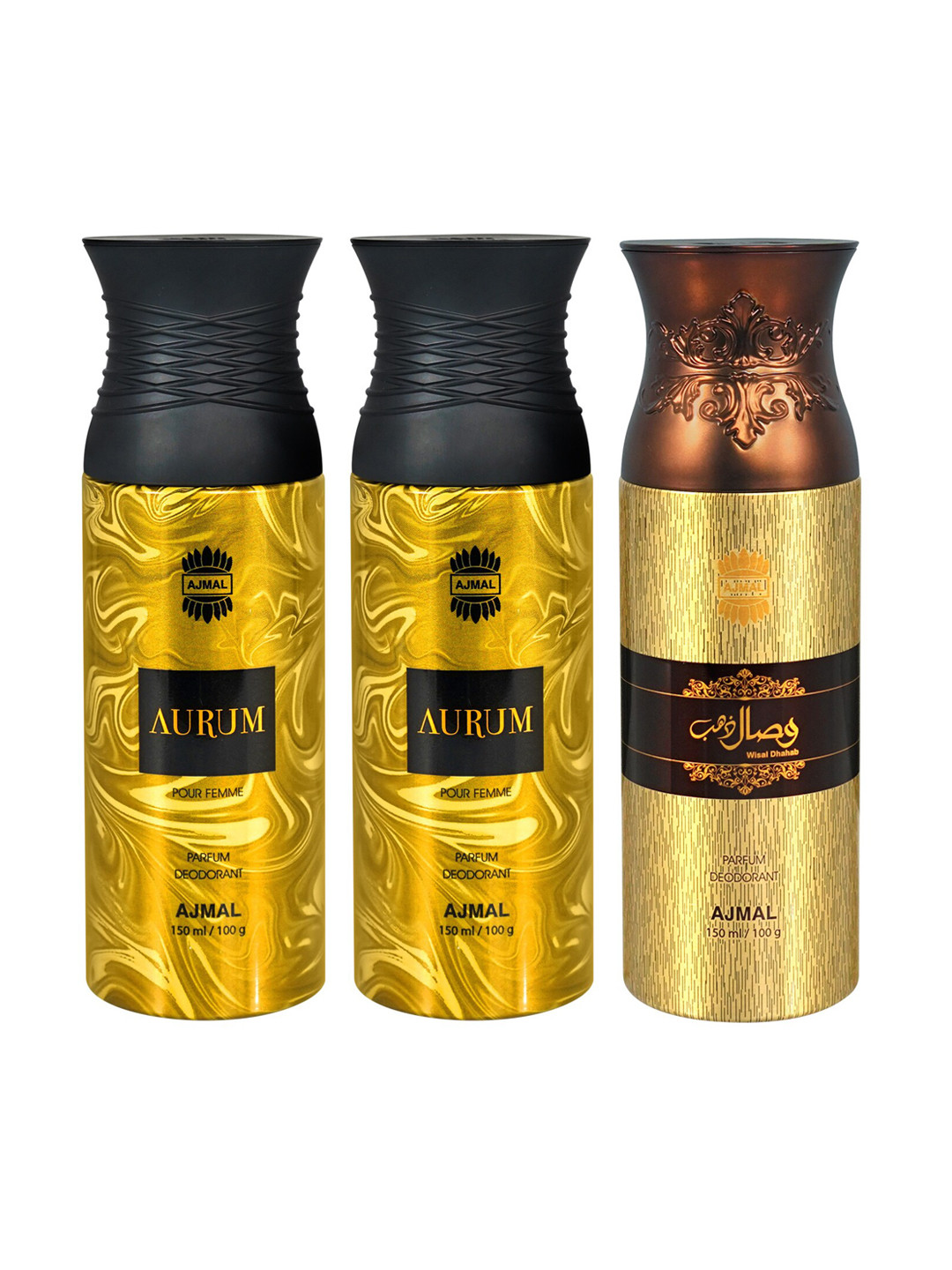 

Ajmal Set of 2 Aurum & 1 Wisal Dhahab Deodorant Spray - 150 ml each, Yellow