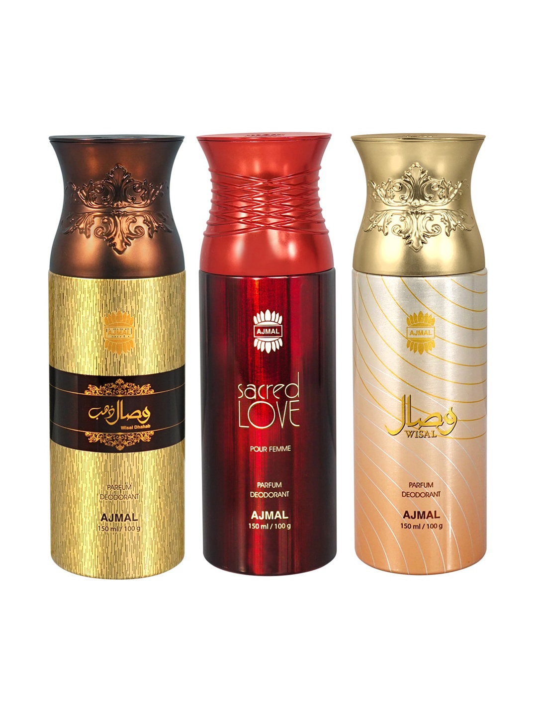 

Ajmal Set of Wisal + Sacred Love + Wisal Dhahab Deodorant Spray - 150 ml each, Red