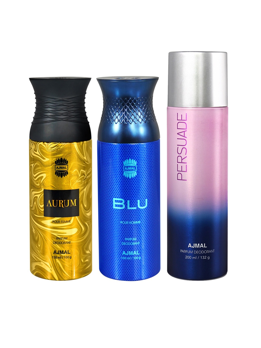 

Ajmal Set of Persuade 200 ml + Aurum 150 ml + Blu 150 ml Long Lasting Deodorant Spray, Blue
