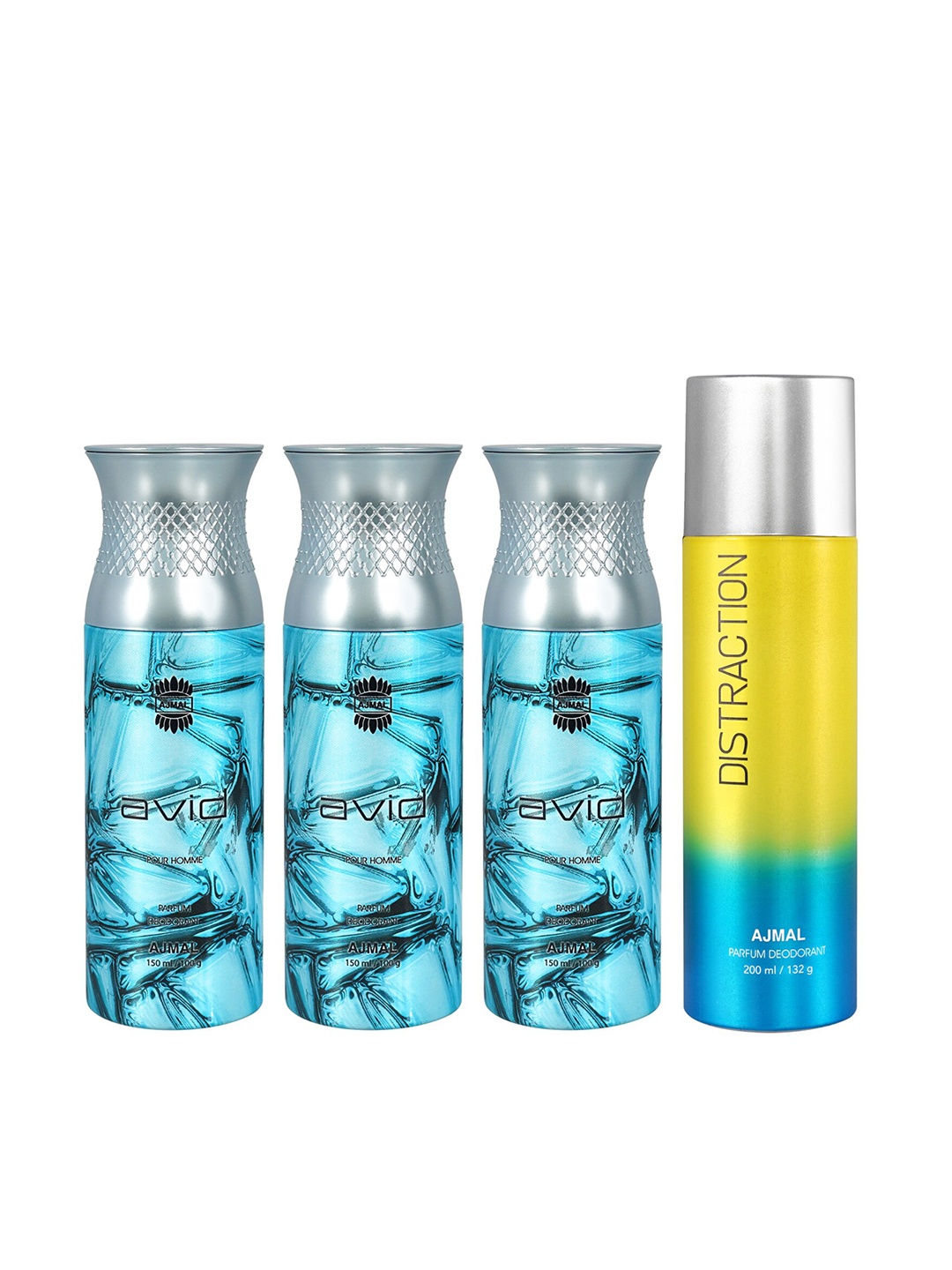 

Ajmal Set of 3 Avid 150 ml each + 1 Distraction 200 ml Deodorant Spray, Blue