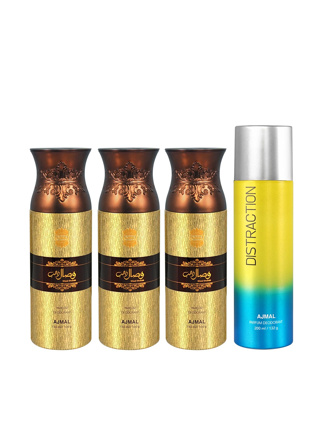 

Ajmal Set of 3 Wisal Dhahab 150 ml each + 1 Distraction 200 ml Deodorant Spray, Yellow