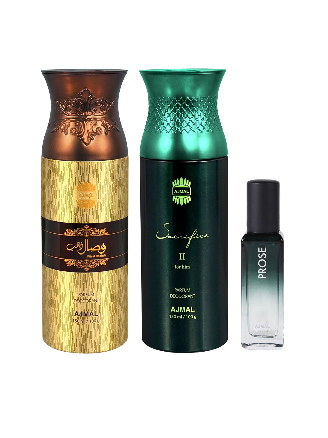 

Ajmal Wisal Dhahab Deodorant 150ml + Men Sacrifice Deodorant 150ml + Prose EDP 20ml, Gold