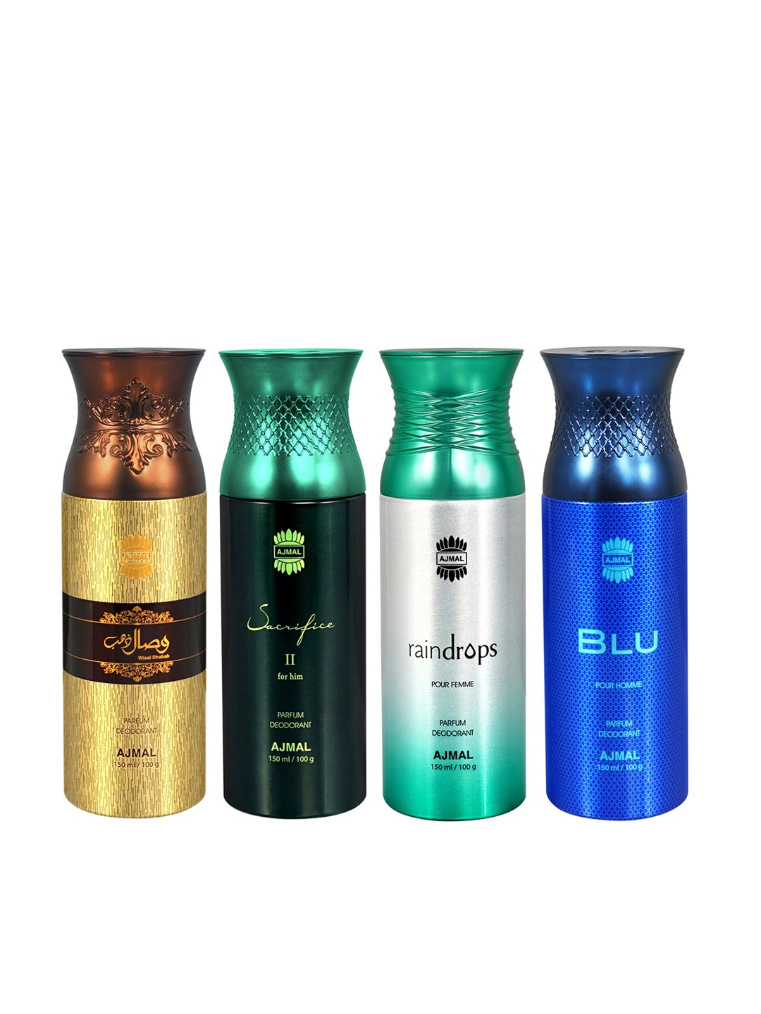 

Ajmal Set of 4 Deo - Wisal Dhahab + Women Raindrops + Men Blu + Men Sacrifice - 150ml Each, Gold