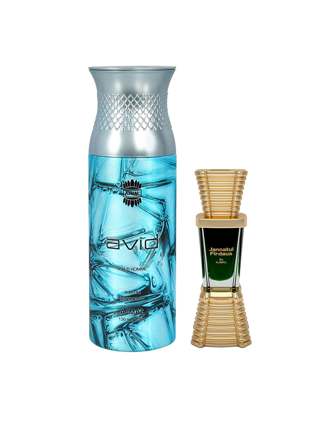 

Ajmal Set of Jannatul Firdaus Cologne Perfume - 10 ml & Avid Homme Deodorant - 150 ml, Blue